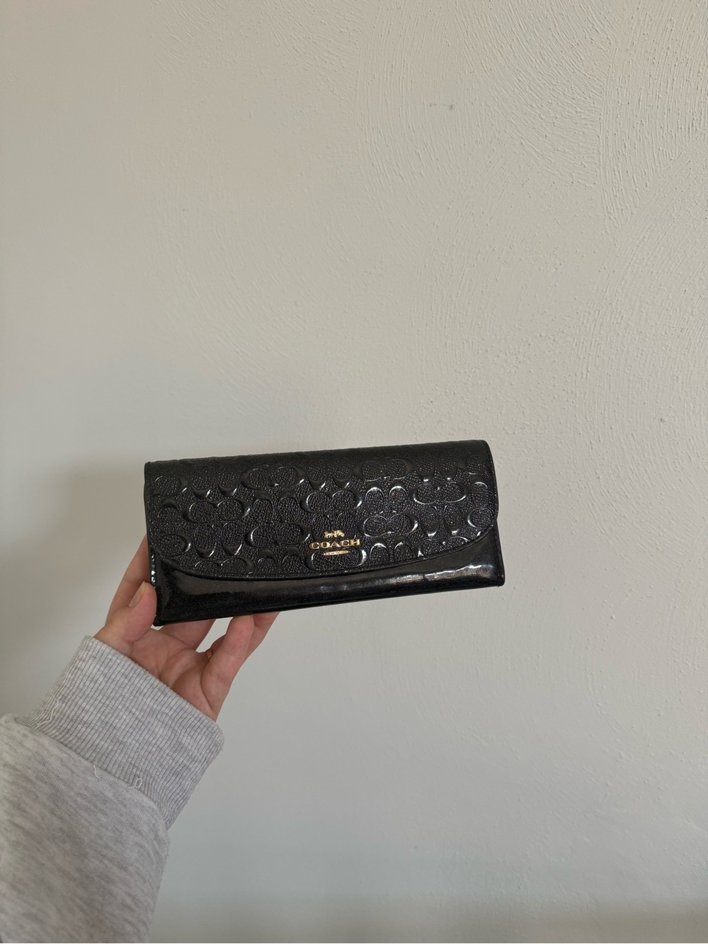 Coach Black Patent Signature Continental Wallet with Gold Logo